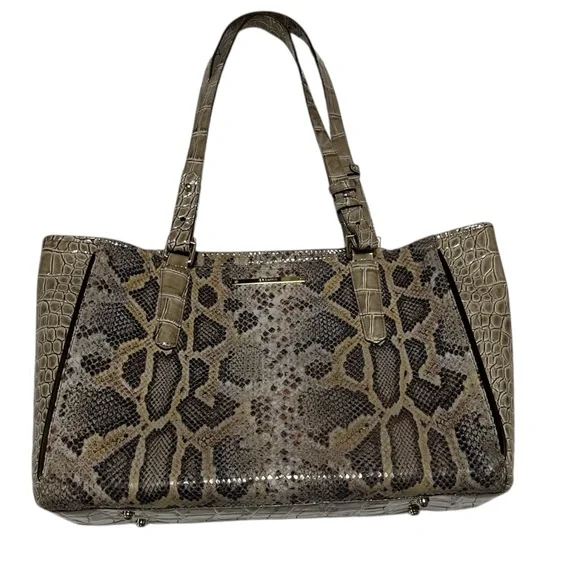 Brahmin Priscilla Satchel Natural Leighton Handbag Purse Snakeskin Turtle Taupe - Picture 8 of 9